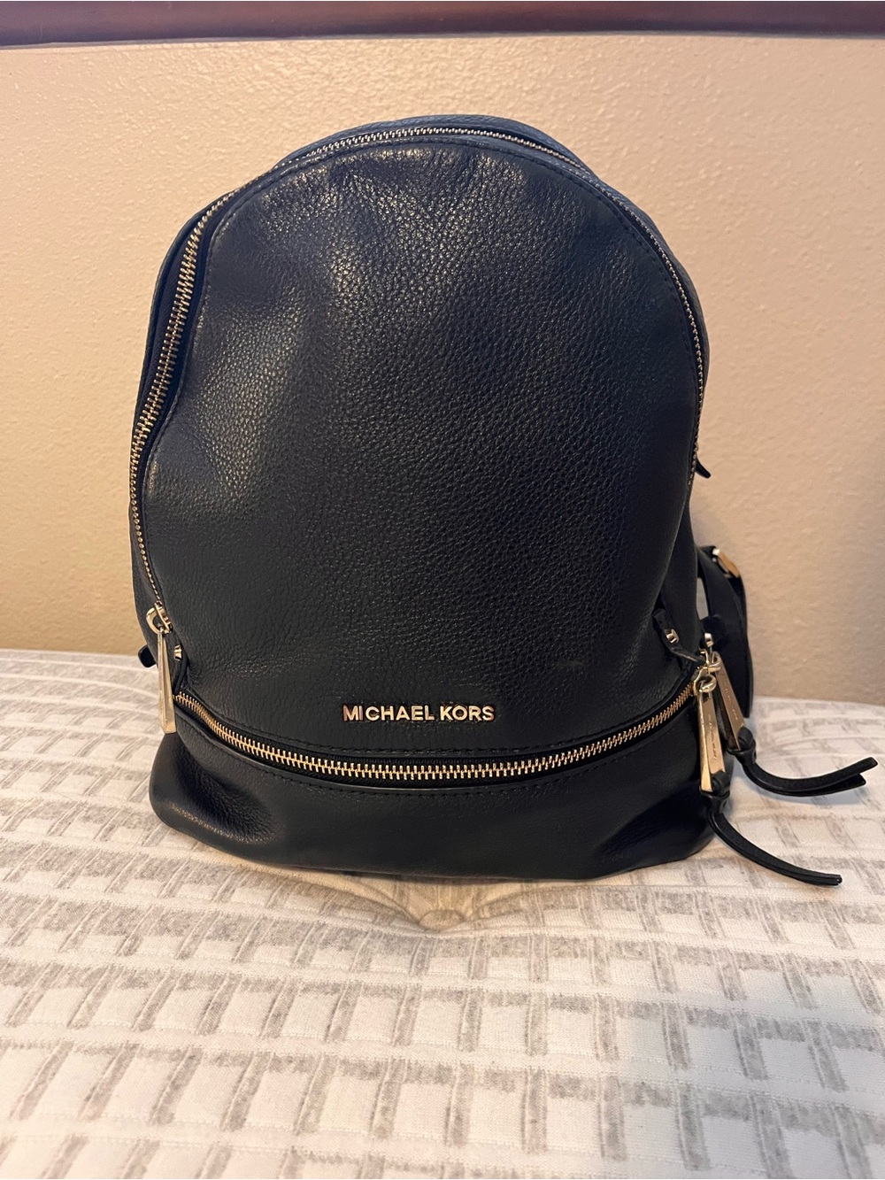 Michael Kors Black Pebbled Leather Backpack with Gold Hardware